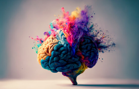 concept of a human brain full with creativity, shows multiple colors and action - generative ai image