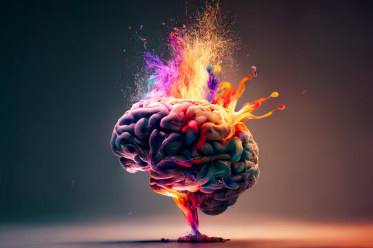 Naklejka concept of a human brain full with creativity, shows multiple colors and action - generative ai image