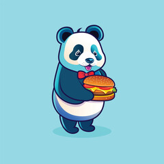 Cute Panda cartoon illustration with a Burger on his hand. Panda Mascot Cartoon Character. Flat Style Panda clip art for Web Landing Page, Banner, Flyer, Sticker, Card. Happy Panda character Icon.