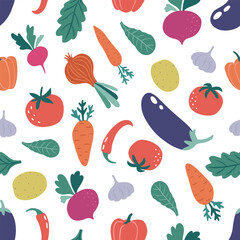 Colorful bright vegetable seamless pattern with hand drawn vegetables: tomato, onion, cucumber, eggplant, lettuce leaves, pepper etc. Vegetarian background. Vector illustration