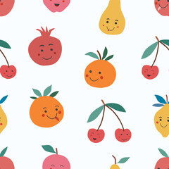 Cute colorful seamless pattern of fruits characters. Cartoon faces. Lemon, orange, pomegranate, apple, cherry, apricot, pear etc. Perfect for kid nursery background. Vector illustration