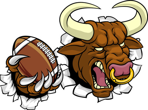 A bull or Minotaur monster longhorn cow angry mean American football mascot cartoon character.