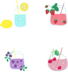 Set of smoothies in different bottles Cold refreshment summer drink with lemon, strawberry, blueberry, cherry