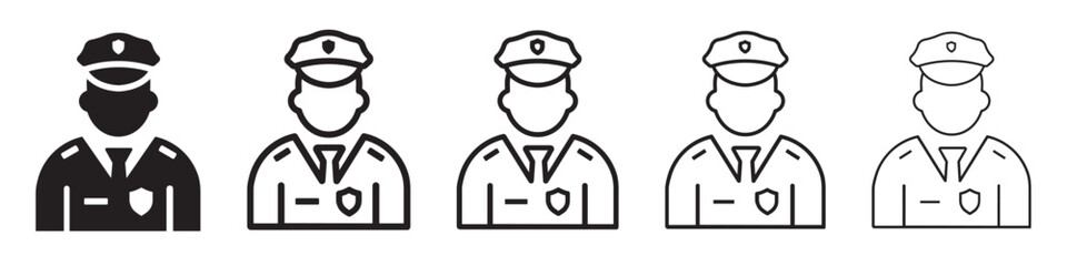 Set of police officer icons. Policeman officer avatar, sheriff. Police symbol, security control. Law enforcement, uniform, police staff. Vector.
