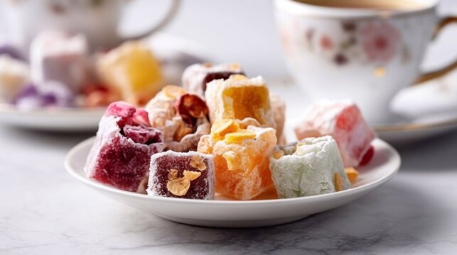 Traditional turkish delights sweets rahat lokum. Turkish delight and turkish coffee with AI generation
