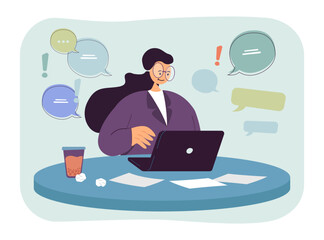 Fototapeta na wymiar Woman working from home vector illustration. Female office worker sitting at desk, typing on laptop, receiving letters and messages. Remote work, self-employment, flexible schedule concept