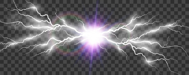 Vector image of realistic lightning. Flash of thunder on a transparent background.	
