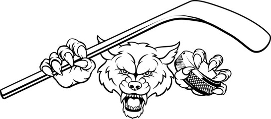 A wolf ice hockey player animal sports mascot holding a hockey stick and puck