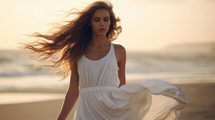 Fototapeta na wymiar Beautiful model in the flowing white dress on the beach, her hair blowing in the wind. Generative AI