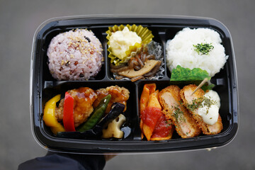 Close up of a hand holding a box of Japanese Bento lunch set