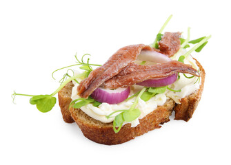 Delicious bruschetta with anchovies, cream cheese, red onion and greens isolated on white