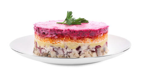 Herring under fur coat salad isolated on white. Traditional Russian dish