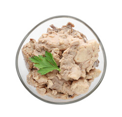 Bowl of tasty cod liver with parsley on white background, top view