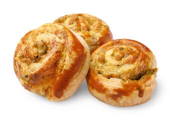 Fresh delicious puff pastry with tasty filling on white background