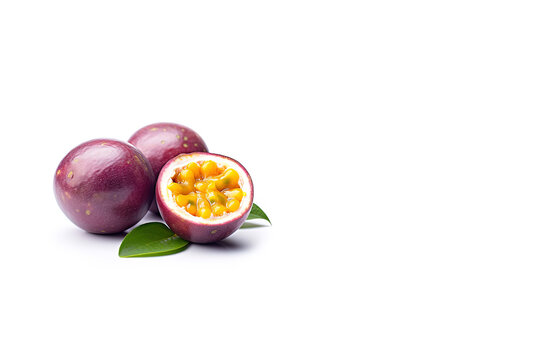 Fresh whole and sliced purple passion fruits isolated on white background with copy space. Created with Generative AI Technology