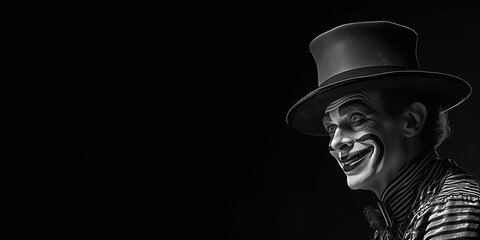 Black and white photorealistic studio portrait of a cheerful clown on black background. Generative AI illustration