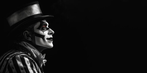 Fototapeta na wymiar Black and white photorealistic studio portrait of a cheerful clown on black background. Generative AI illustration