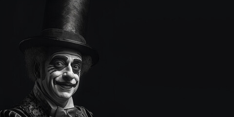 Black and white photorealistic studio portrait of a cheerful clown on black background. Generative AI illustration
