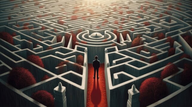  Mysterious Man in Intricate Maze, Solving Puzzles and Overcoming Challenges, Enigmatic Labyrinth Adventure - Generative AI Illustration