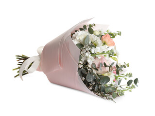 Bouquet of beautiful flowers on white background