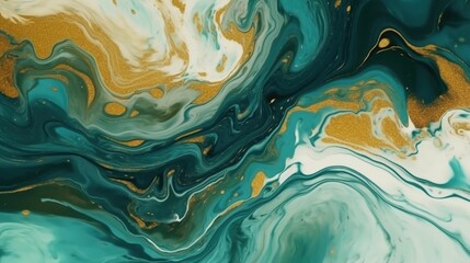 Green and gold marble fluid art background