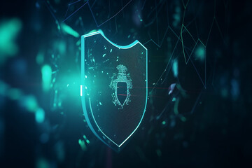 Data protection and cyber security concept with virtual glowing shield with keyhole on abstract technological background with blurred dots and geometrical lines with generative AI technology