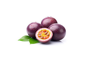 Fresh whole and sliced purple passion fruits isolated on white background. Created with Generative AI Technology