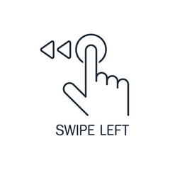 The extended finger of the hand  shift the button. Swipe left. Slide to left. Vector linear icon isolated on white background.