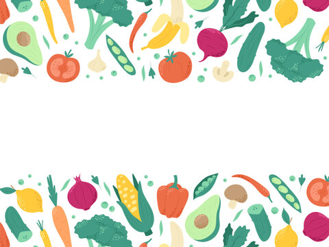 Fruits and vegetables, set of healthy vegetarian or vegan food. Hand drawn vector illustration with copy space