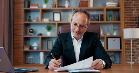 Handsome serious skilled bearded businessman checking business documents at his workplace in modern office,workflow concept