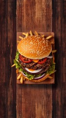 Top view of  tasty burger with frees on wooden table, copy space. AI generated. 