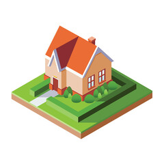 A Isometric house with a red roof on lush green field, flat vector illustration, geocities, my home.