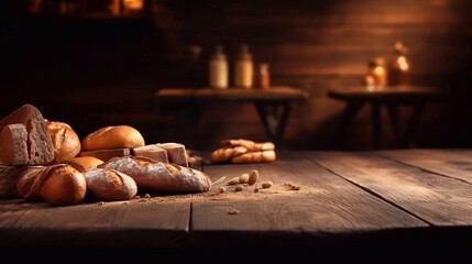 Obraz na płótnie Canvas Assortment og Freshly baked bread on wooden table. Copy space plase. AI generated. 