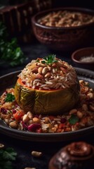 Fototapeta na wymiar Kusa mahshe - the stuffed vegetable marrow with rice, meat and nuts in plate on dark background. Arabian food. AI generative