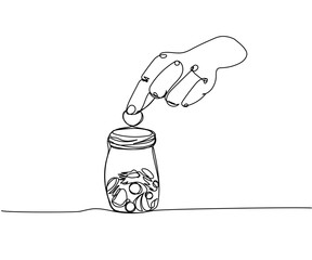 Coins in a glass jar, stacking coins in a jar, savings, money piggy bank, tips one line art. Continuous line drawing of bank, money, finance, financial, payment, data, savings, economic, wealth credit