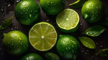 Limes with leaves on dark background. Fresh green lime pile. Harvest season. AI generated
