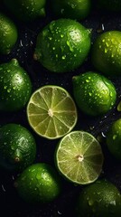 Limes on dark background. Fresh green lime with water drops. Harvest season. AI generated
