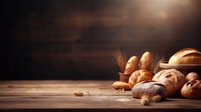 Assortment og Freshly baked bread on wooden table. Copy space plase. AI generated. 