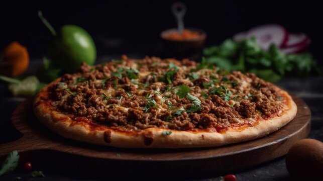 Turkish pizza - lahmacun. Traditional turkish homemade pizza with minced beef or lamb meat, paprika, tomatoes, cumin spice, parsley baked spicy, middle eastern food on dark background. AI generated