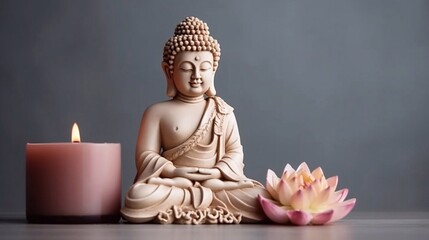 Budha statue with lotus candle on grey background. AI generated