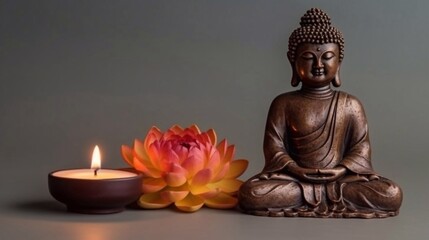 Budha statue with lotus candle on grey background. AI generated