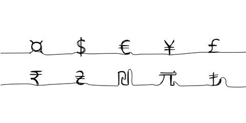 Signs of world currencies, dollar, euro, hryvnia, yuan, pound sterling, yen, shekel, Turkish lira one line art. Continuous line drawing of bank, money, finance, financial, savings, economic, wealth