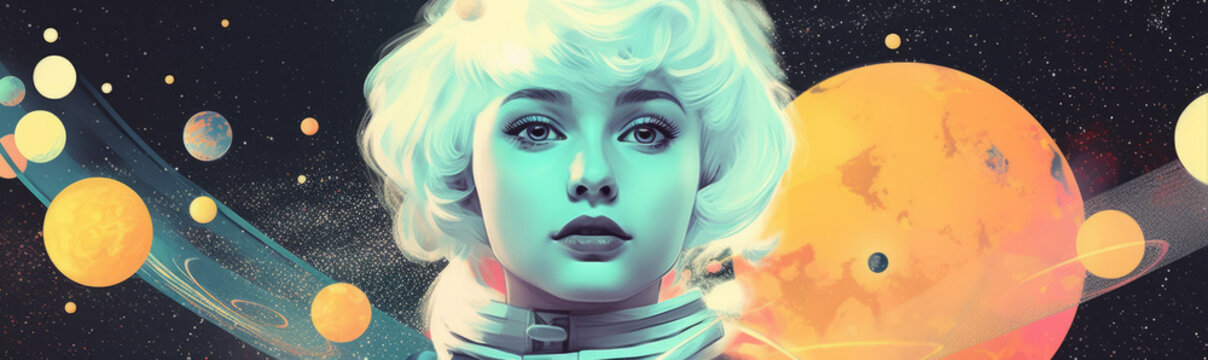 Striking Portrait of a Woman with White Hair, in Dayglo Pink and Blue Tones, Emblematic of a Starship Crew Member. Generative AI Retro Cosmic Banner Background