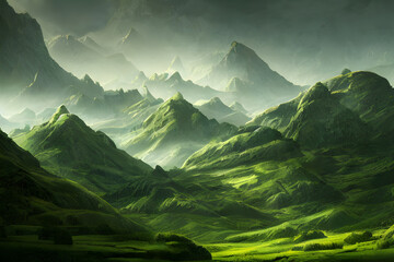 Abstract green landscape wallpaper background illustration design with hills and mountains.Organic green environment, Generative AI