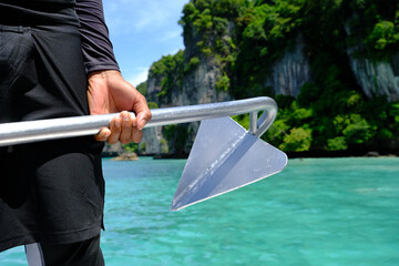 Nautical Voyage: Man Holding Anchor Against Ocean and Forest