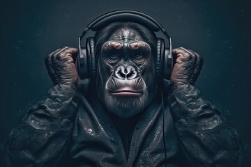 Fototapeta premium Monkey Wearing Headphones and Listening to Music. Generative AI