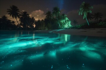 Obraz na płótnie Canvas blue luminous tree vacation beach paradise palm night ocean sky tropical. Generative AI.