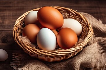 Basket of Eggs on Dark Wood. Generative AI