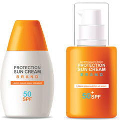 Sun cream bottle 3d realistic isolated, packaging mockup, protection sun cream, spf 50 summer cosmetic vector illustration
