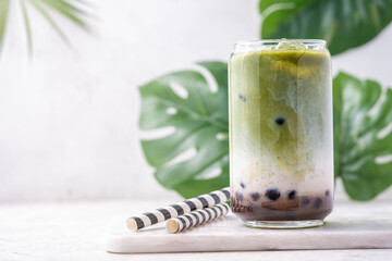 Milk bubble tea with tapioca pearls and honey